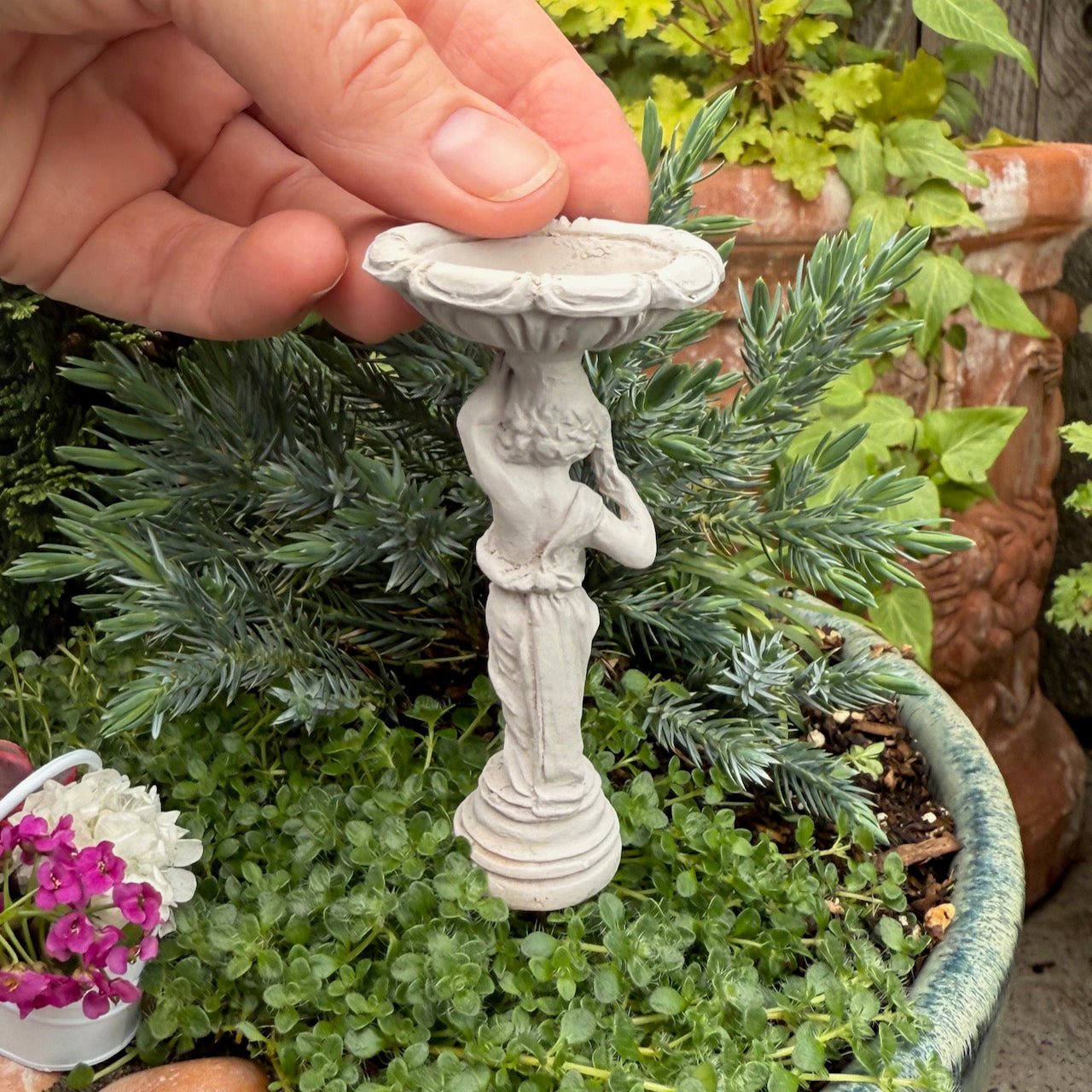 Miniature Boy Birdbath, Faux Stone, Staked