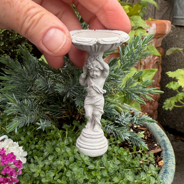 Miniature Boy Birdbath, Faux Stone, Staked