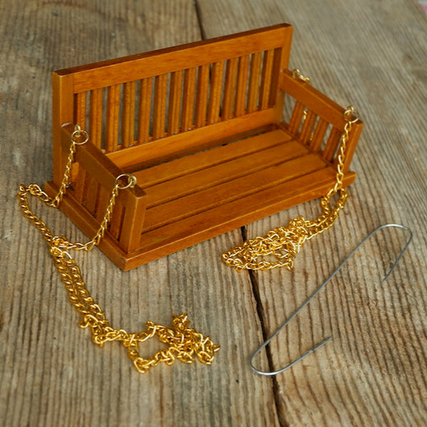 Miniature Garden Bench Swing with Hook - Walnut Finish