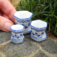 Blue & White Ceramic Hexagon Pot & Saucers, Set of 3