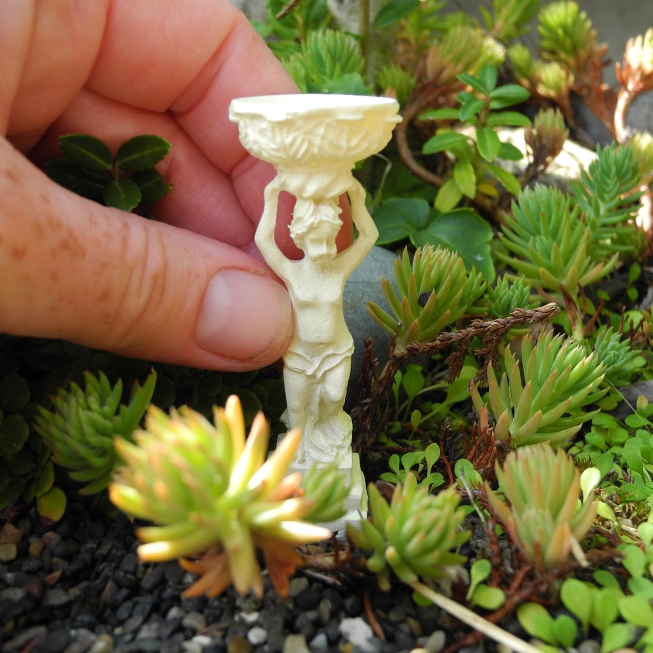 Miniature Birdbath Boy Holding Bowl, Staked